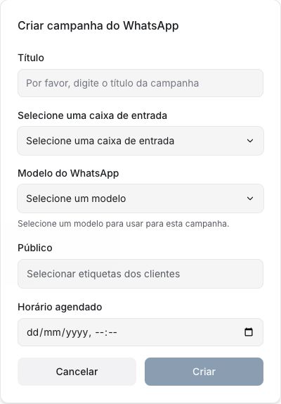 Formulário da Make Talk para campanha do WhatsApp com caixa de entrada, modelo, público por etiquetas e horário agendado.