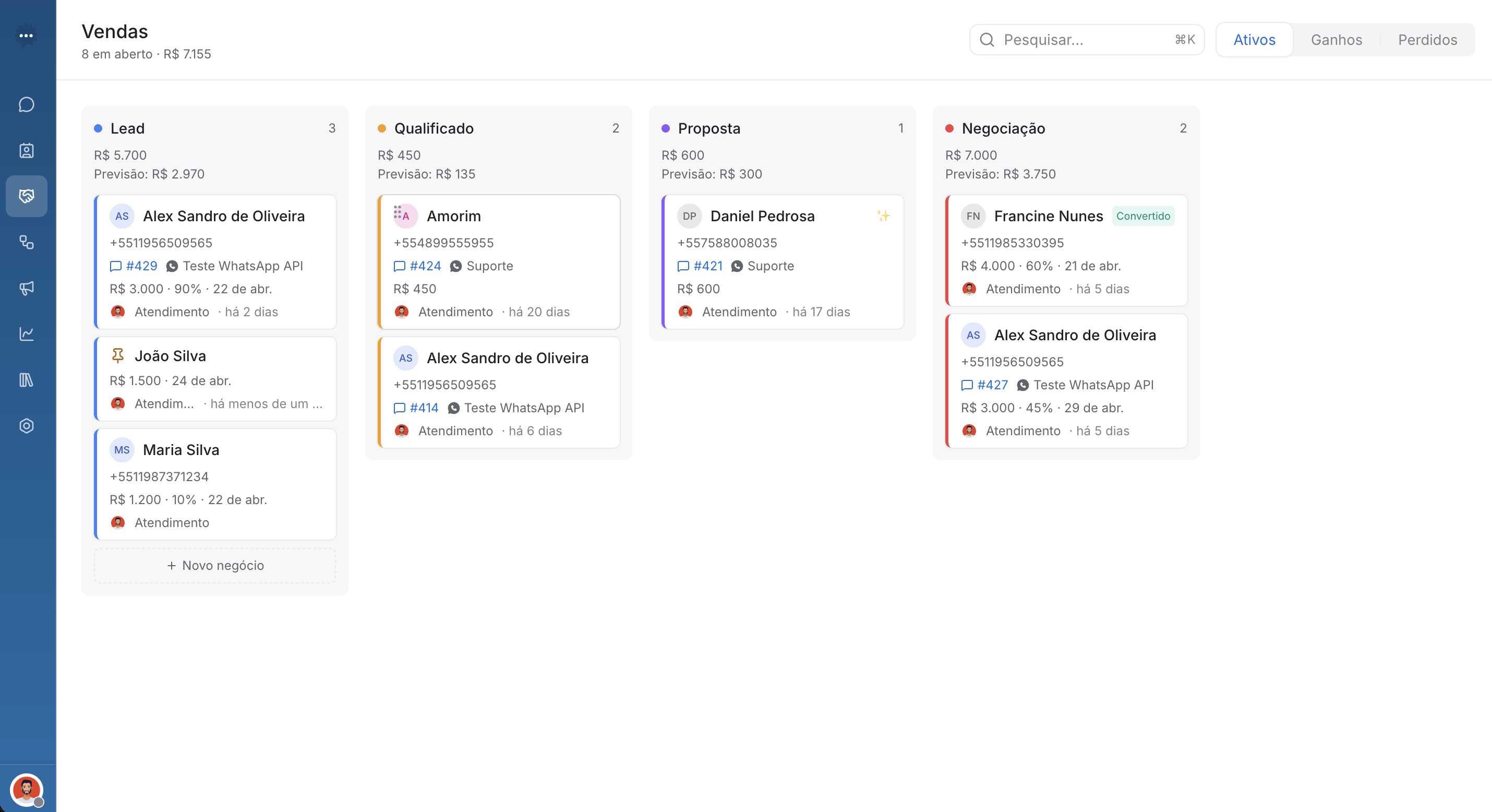 Pipeline Kanban da Make Talk com deals criados automaticamente a partir da conversa
