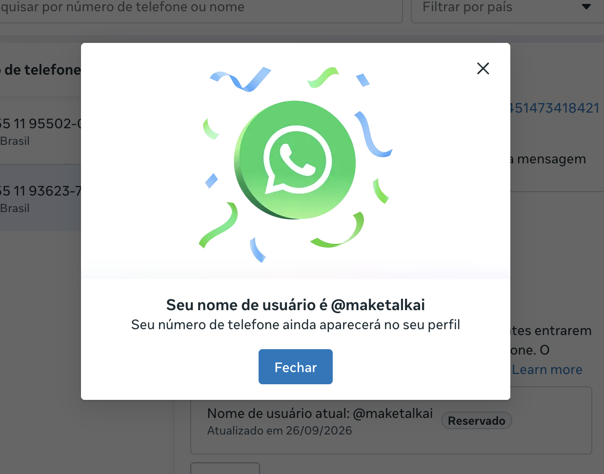 Tela de confirmação com a mensagem Seu nome de usuário é @maketalkai e, ao fundo, o status Reservado ao lado do nome